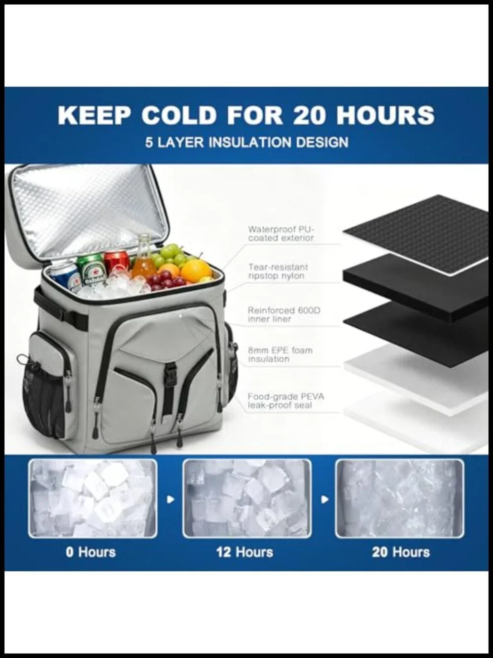 48 Can Insulated Cooler Backpack, Leakproof Double Deck, 30L